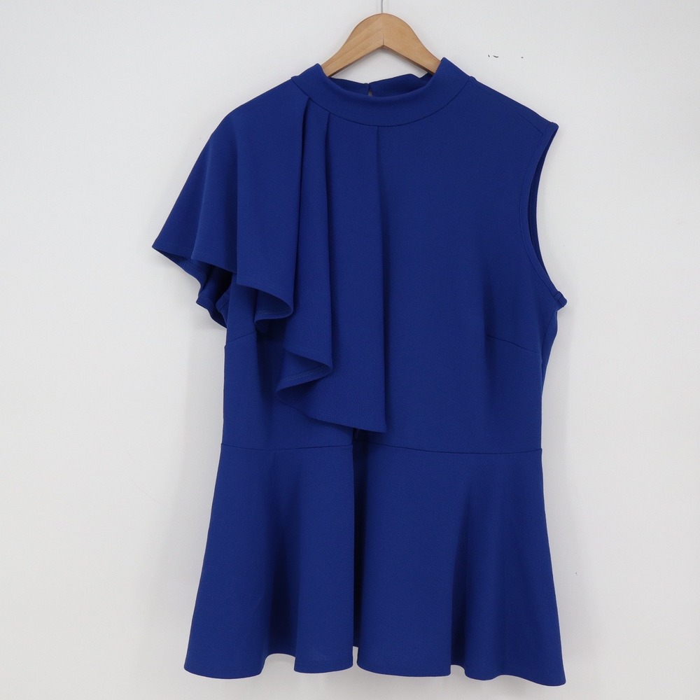 Ashley Stewart Peplum Top Womens 22/24 Royal Blue Ruffle Mock Neck NWOT
